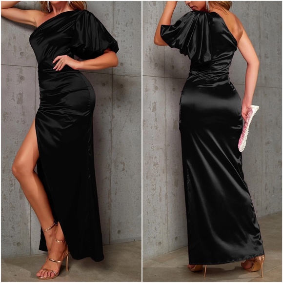 Luxe Satin One shoulder Evening Formal Black Tie Wedding Dress - Picture 3 of 9